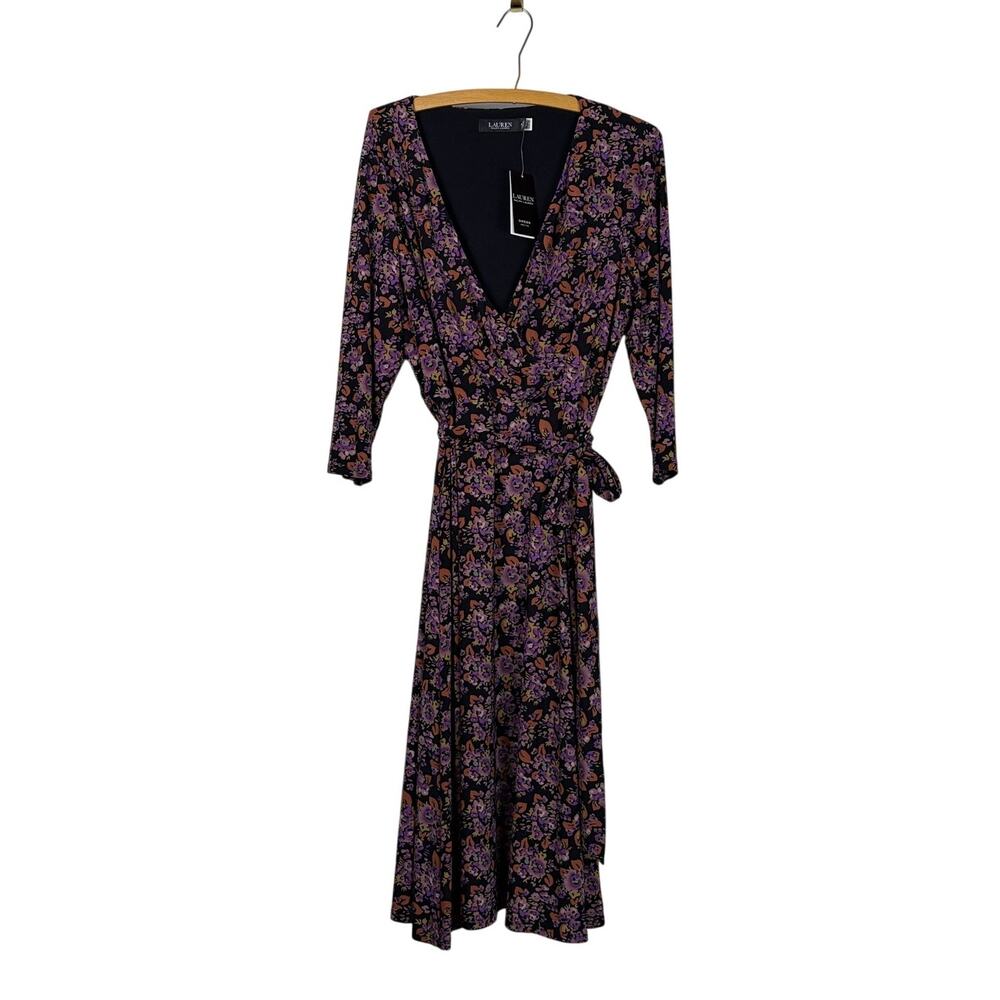 Lauren Ralph Lauren Wrap Midi Dress Floral Black Purple 16P NWT